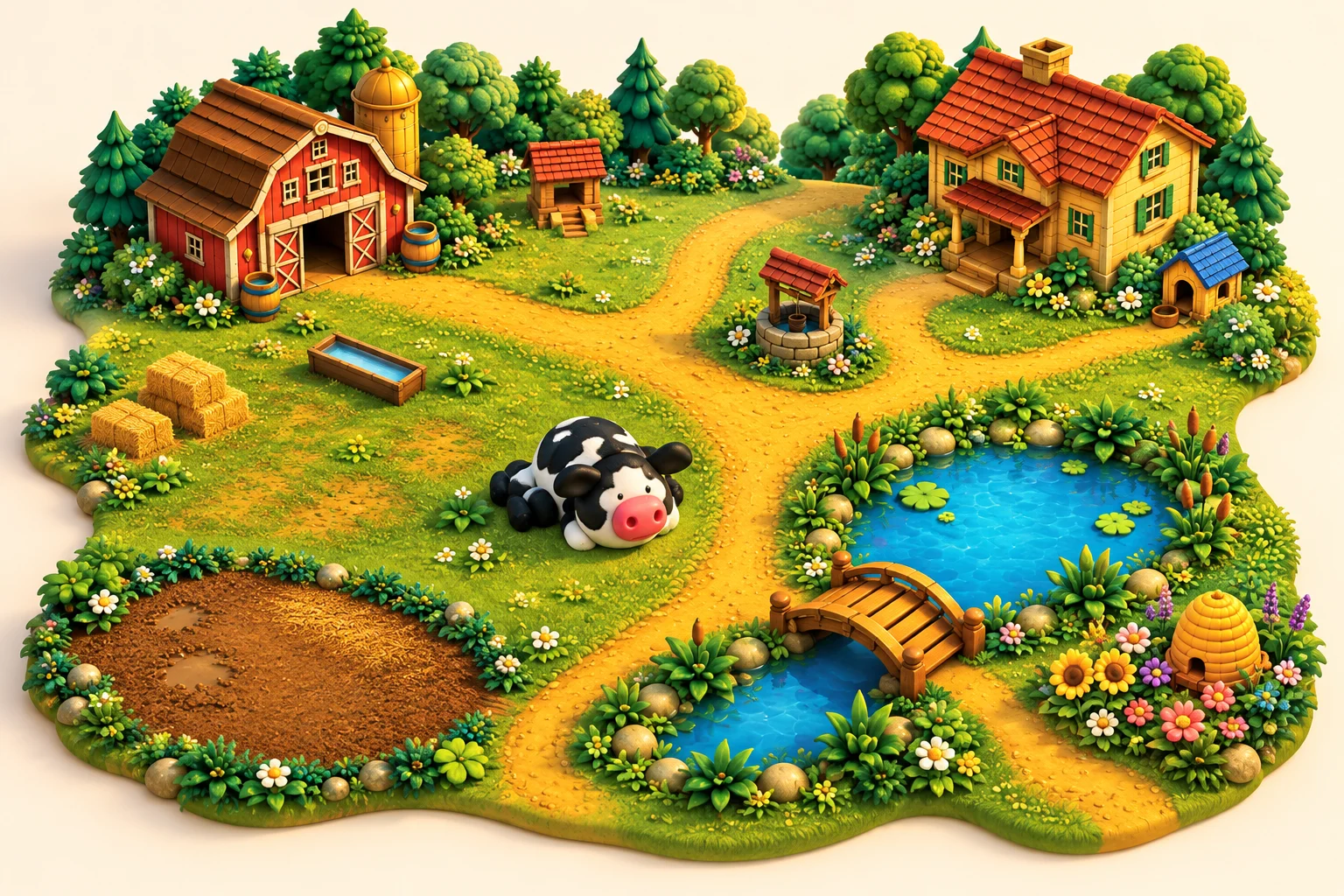 El universo de Valle Feliz: granero, casa, lago y caminos alrededor de la Vaca.